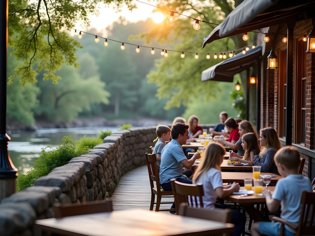 Family enjoying outdoor dining at McGlynn's Pub patio overlooking White Clay Creek