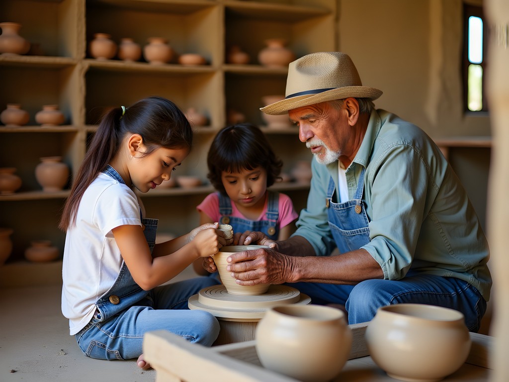 Children learning traditional pottery techniques from a local artisan in Catacaos, Peru
