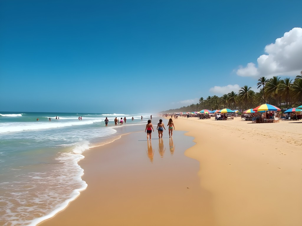 Family enjoying the golden sands and gentle waves at Máncora beach in Northern Peru