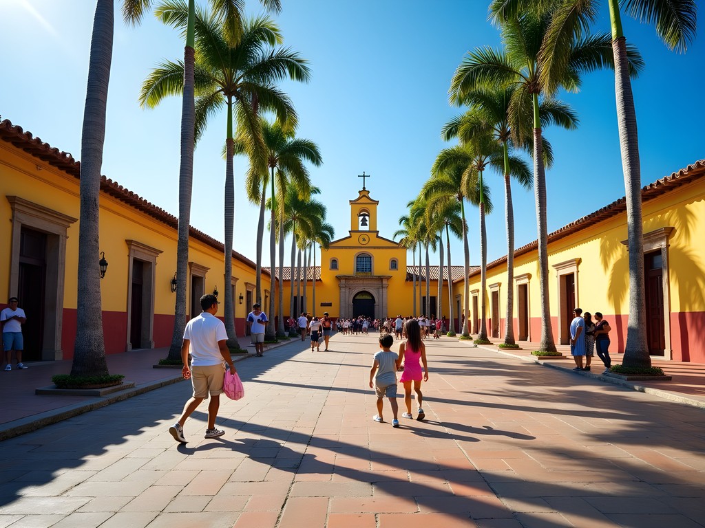 Colorful colonial architecture in Piura's Plaza de Armas with families enjoying the afternoon