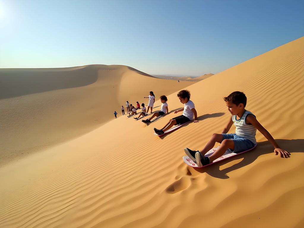 Children sandboarding on golden dunes in the Sechura Desert near Piura, Peru
