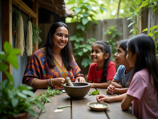 Local healer showing medicinal plants to interested family in Northern Peru