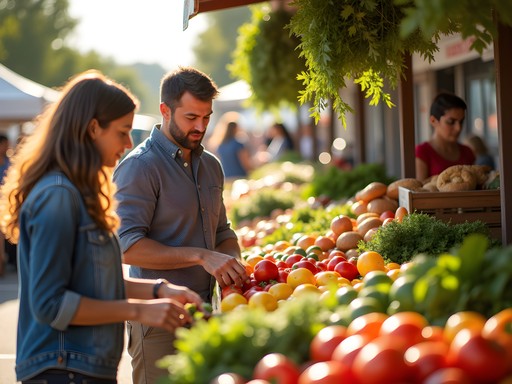 Bustling morning scene at the Portneuf Valley Farmers Market with colorful produce stands