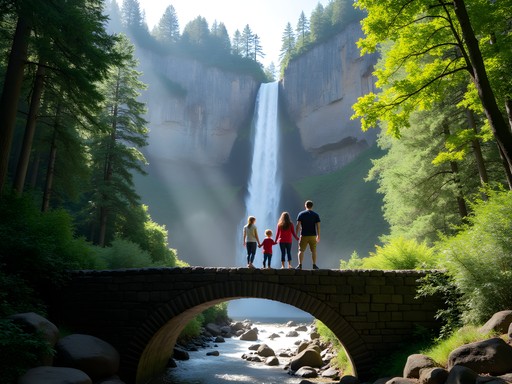 Family hiking to Multnomah Falls with children on bridge viewpoint