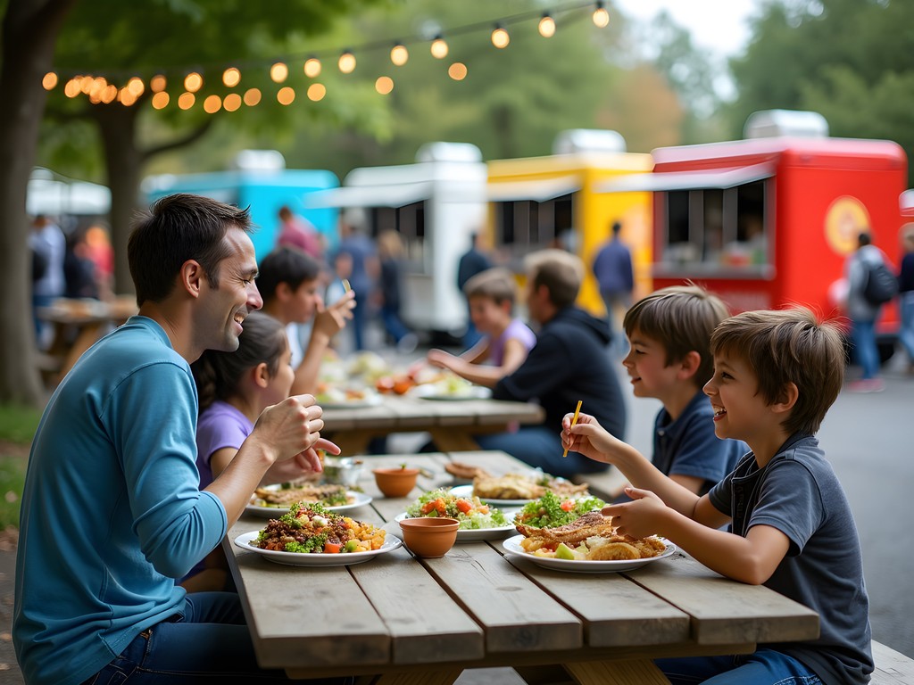 Family enjoying diverse meals at Portland food cart pod
