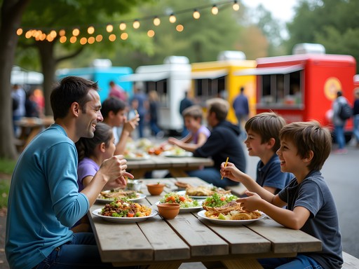 Family enjoying diverse meals at Portland food cart pod