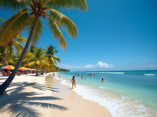 Family enjoying crystal clear waters and golden sand at Playa Dorada beach in Puerto Plata