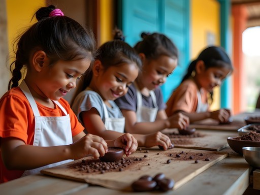 Children making traditional Mexican chocolate at ChocoMuseo workshop in Puerto Vallarta