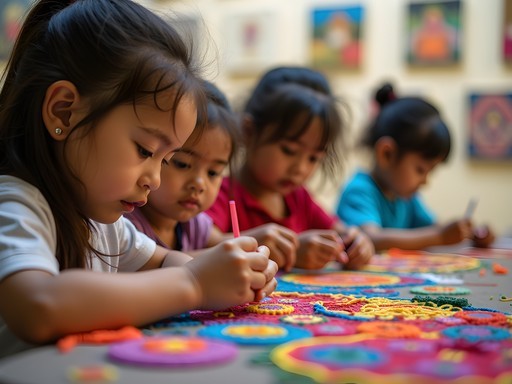Children creating colorful Huichol yarn art at Estigo Art Gallery in Puerto Vallarta