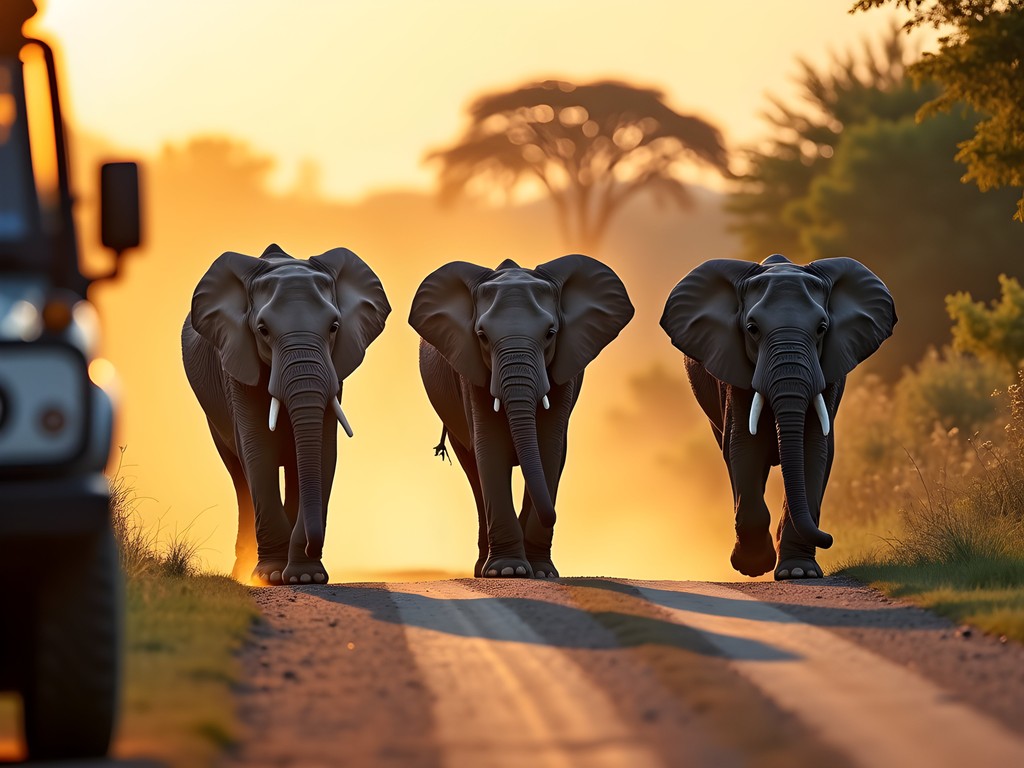 Family of elephants crossing road in Queen Elizabeth National Park with safari vehicle in foreground