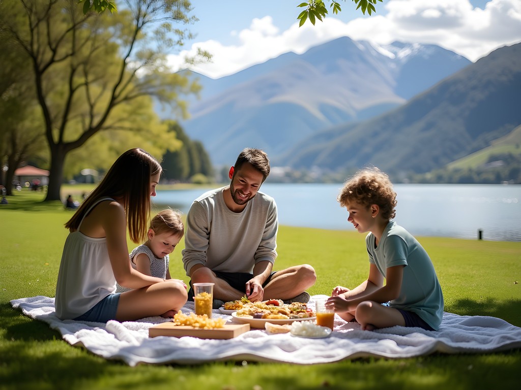 Family enjoying picnic in Queenstown Gardens with mountain views