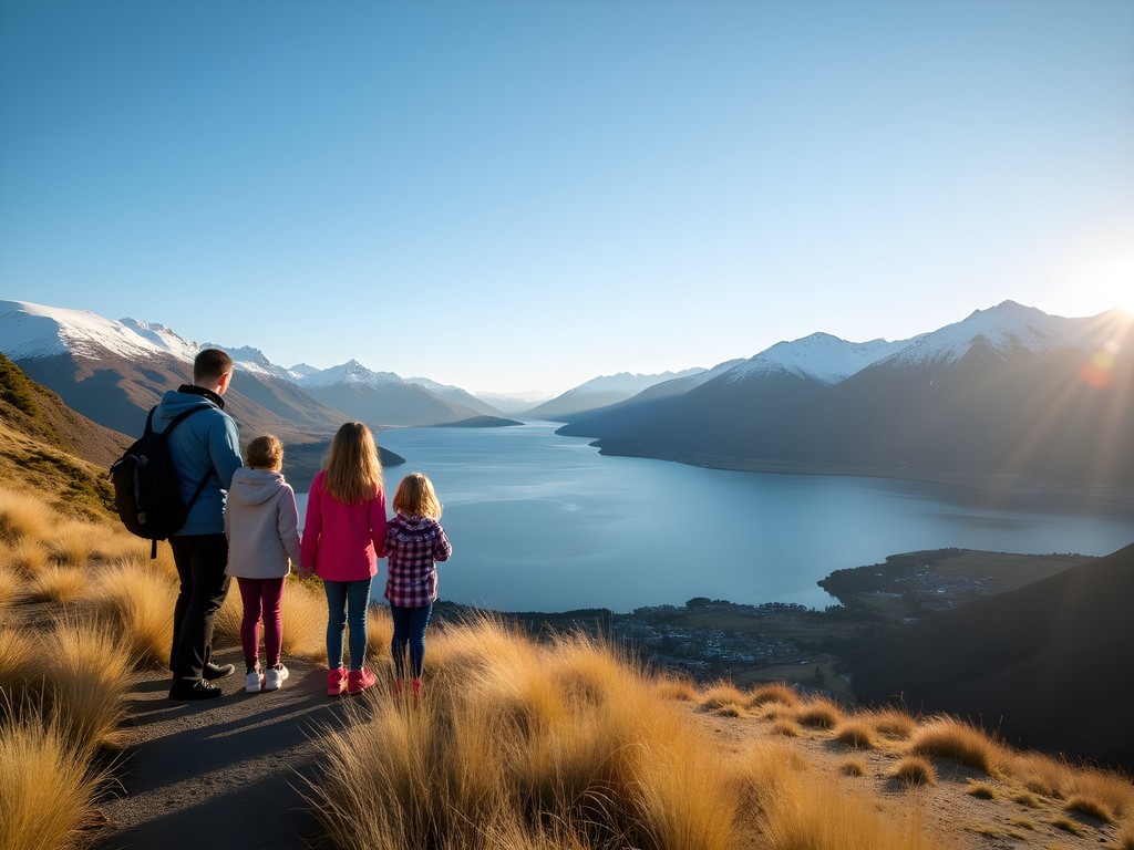Family enjoying view from Queenstown Hill Time Walk with Lake Wakatipu panorama