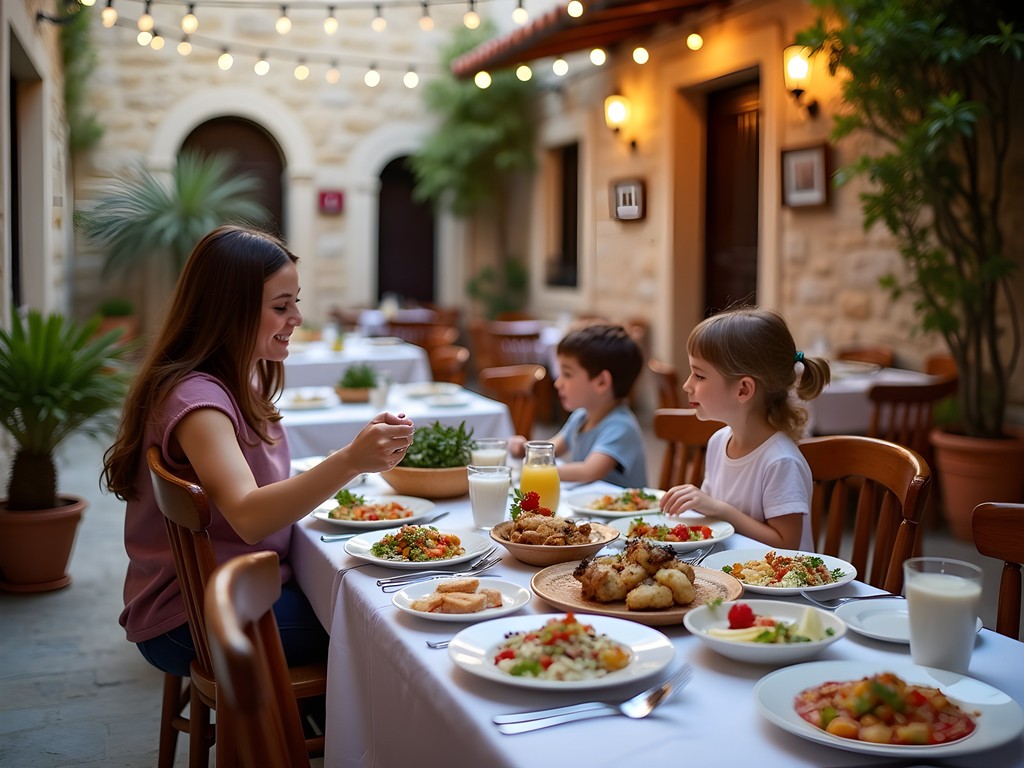 Family enjoying traditional Greek meal in a courtyard restaurant in Rhodes Old Town