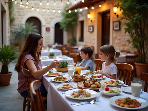 Family enjoying traditional Greek meal in a courtyard restaurant in Rhodes Old Town