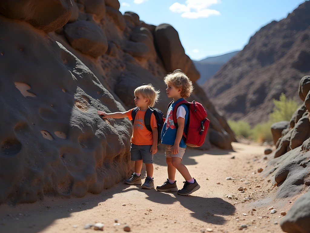 Children examining ancient petroglyphs on volcanic rocks near Rio Rancho