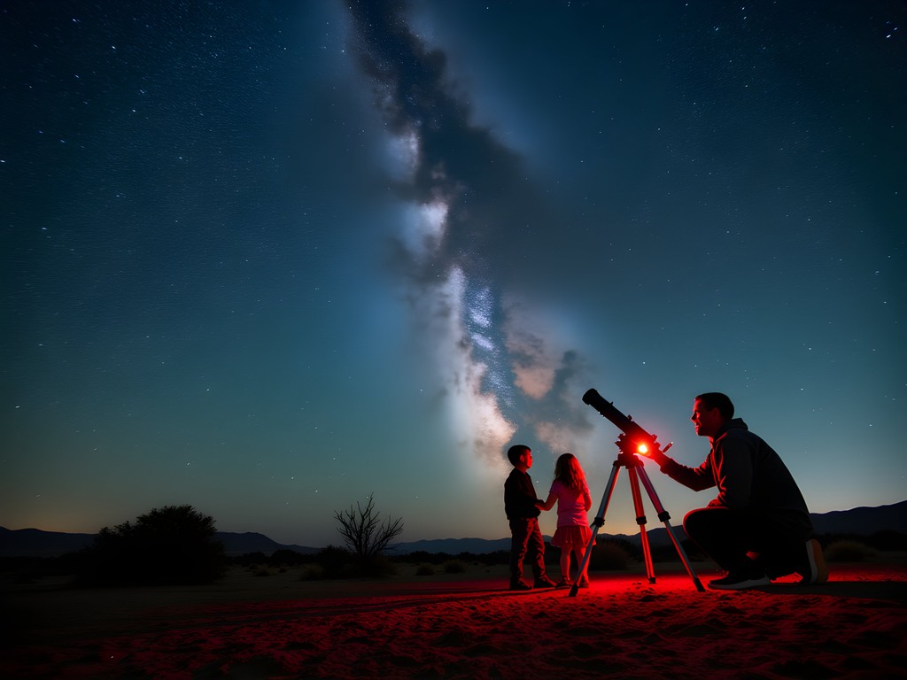 Family stargazing with telescope under brilliant night sky in New Mexico desert