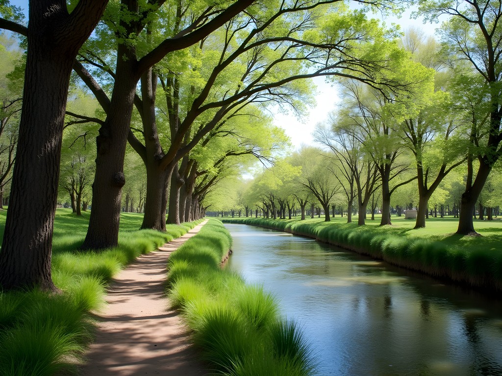 Lush green bosque trail along the Rio Grande with cottonwood trees