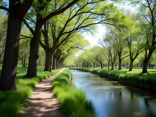 Lush green bosque trail along the Rio Grande with cottonwood trees