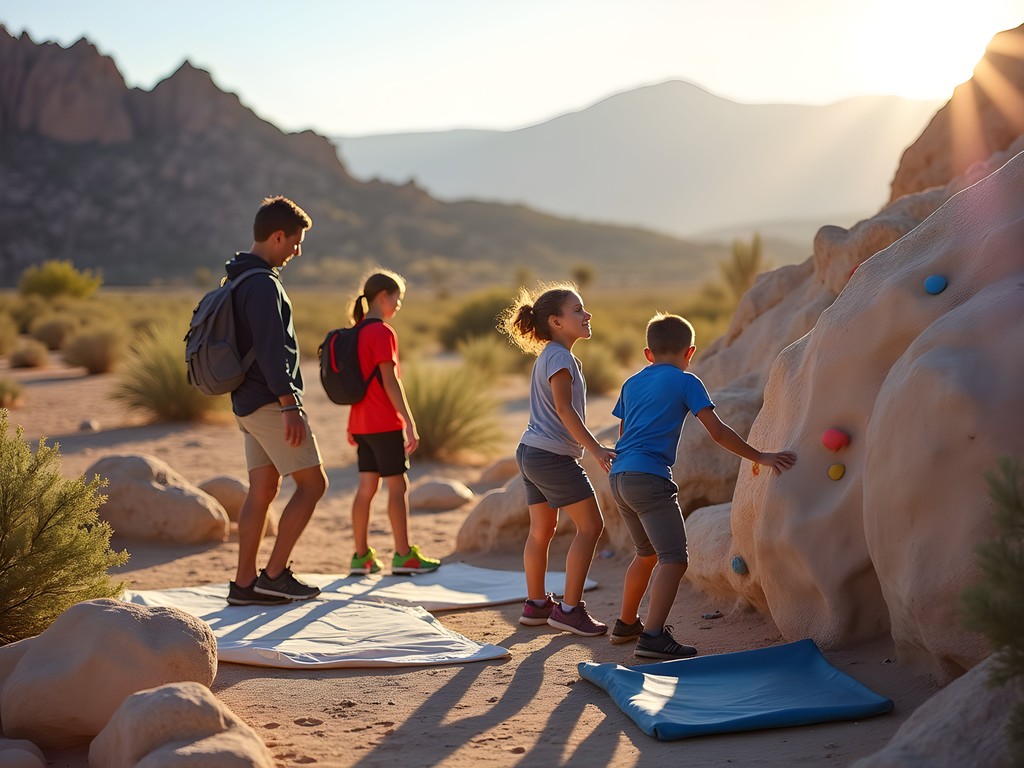 Family trying beginner bouldering near Roswell, New Mexico