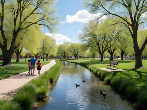 Family exploring the nature trail at Spring River Park in Roswell