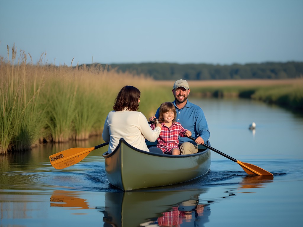Family canoeing through Scarborough Marsh Nature Center in Maine