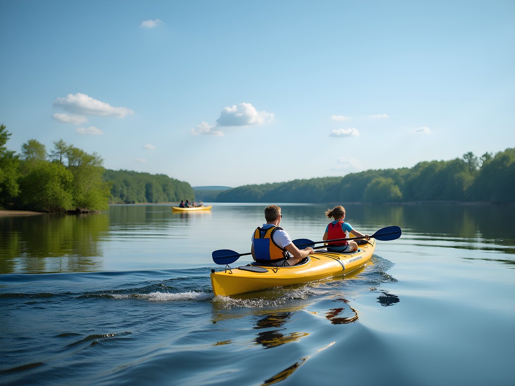 Family kayaking near the Beaver Islands on the Mississippi River in Saint Cloud
