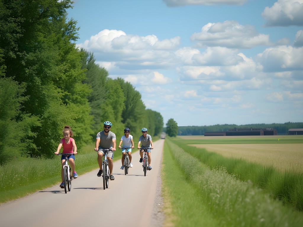 Family cycling on the tree-lined Lake Wobegon Trail near Saint Cloud