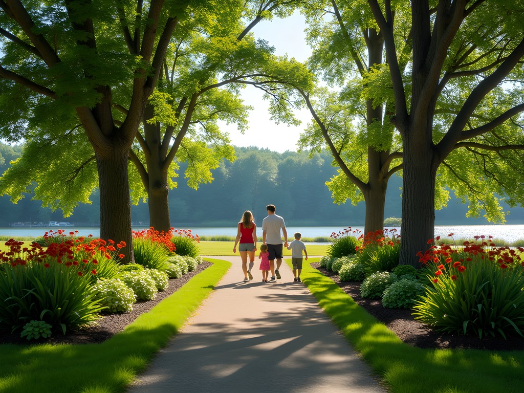 Family walking through flower-lined path at Munsinger Gardens with Mississippi River in background