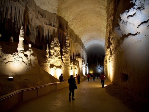 Family exploring illuminated formations in Natural Bridge Caverns San Antonio