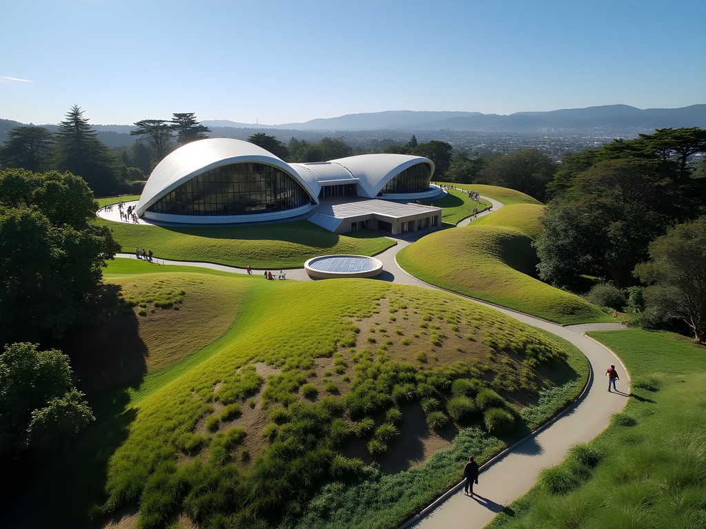 The living roof of California Academy of Sciences with families exploring the observation deck