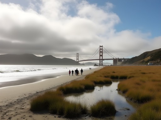 Family exploring Crissy Field beach with Golden Gate Bridge in background