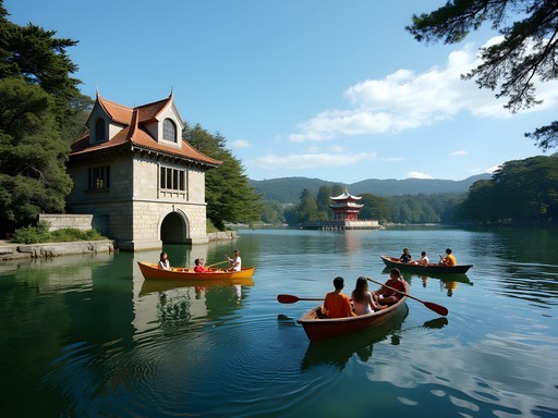 Family boating on Stow Lake in Golden Gate Park with pagoda in background