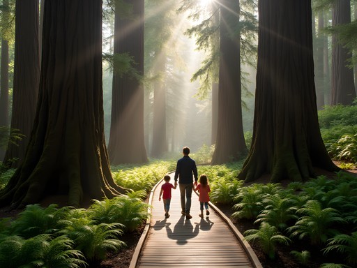 Family walking on elevated boardwalk through towering redwoods in Muir Woods