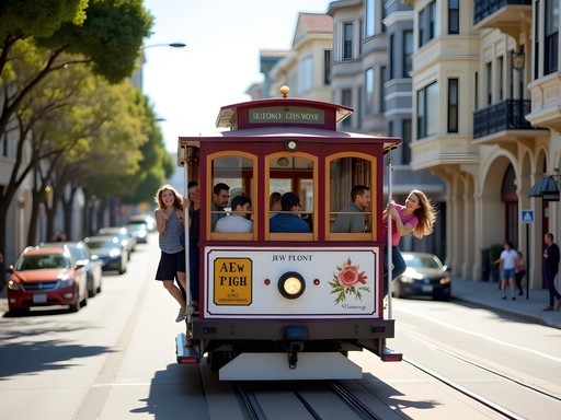 Family enjoying ride on historic San Francisco cable car climbing steep hill