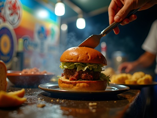 Dominican chimichurri burger being prepared at a street food truck in San Pedro