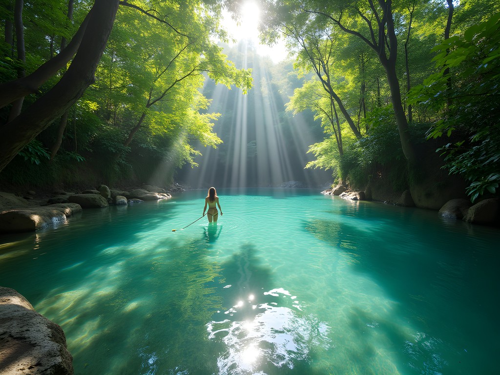 Crystal clear waters of Marilópez Spring surrounded by tropical vegetation near San Pedro