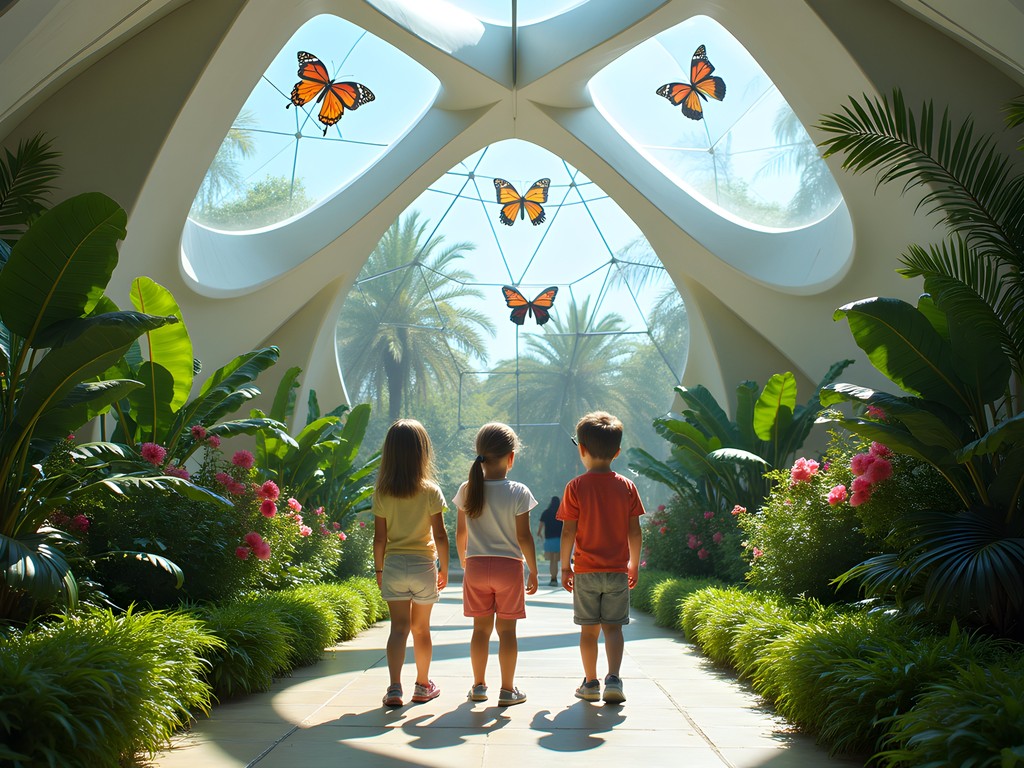 Children watching colorful butterflies in Al Noor Island's butterfly house pavilion