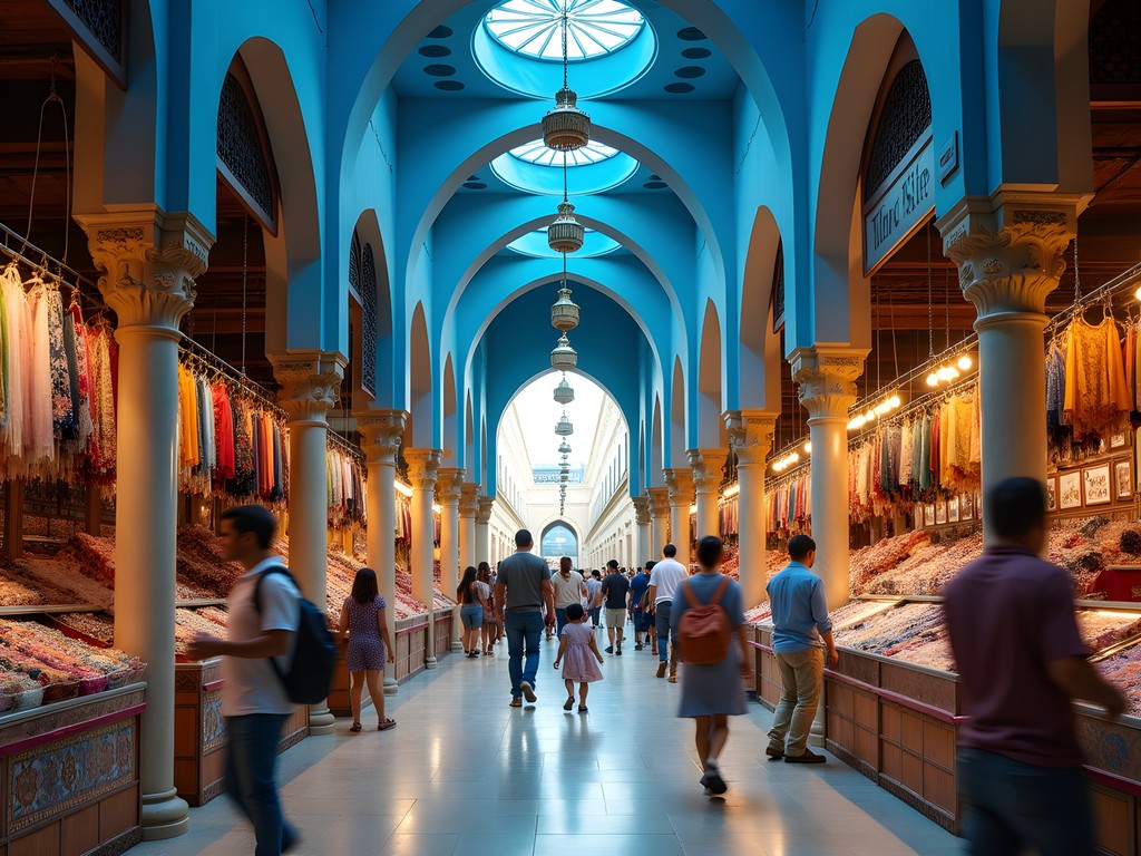 Family exploring colorful textiles and handicrafts in Sharjah's Blue Souq market