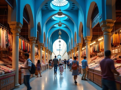 Family exploring colorful textiles and handicrafts in Sharjah's Blue Souq market