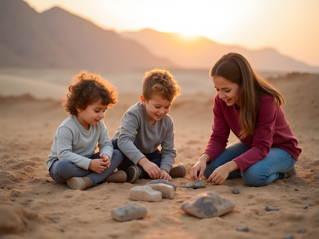 Family exploring ancient artifacts at Mleiha Archaeological Centre in Sharjah desert