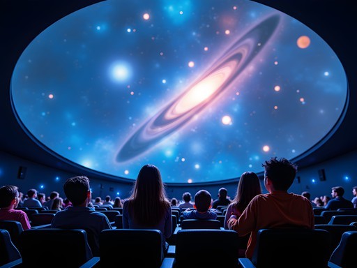 Families enjoying immersive show at Sharjah Planetarium with projection of cosmos overhead
