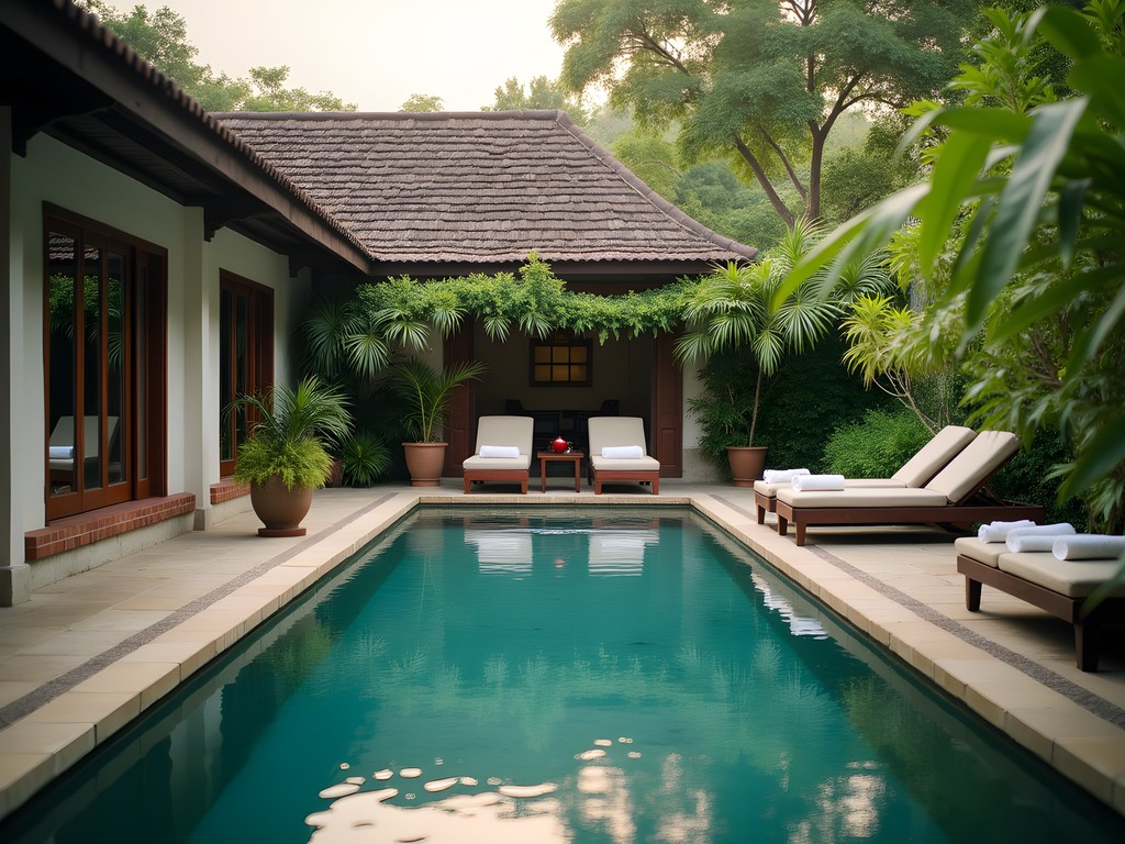 Family enjoying hotel pool in Siem Reap after temple visit