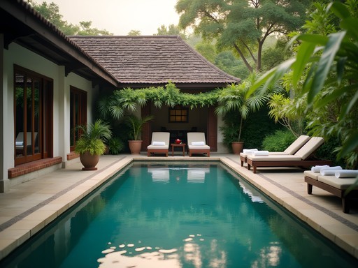 Family enjoying hotel pool in Siem Reap after temple visit