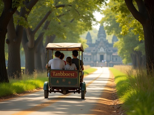 Family riding in a tuk-tuk between temples at Angkor Archaeological Park