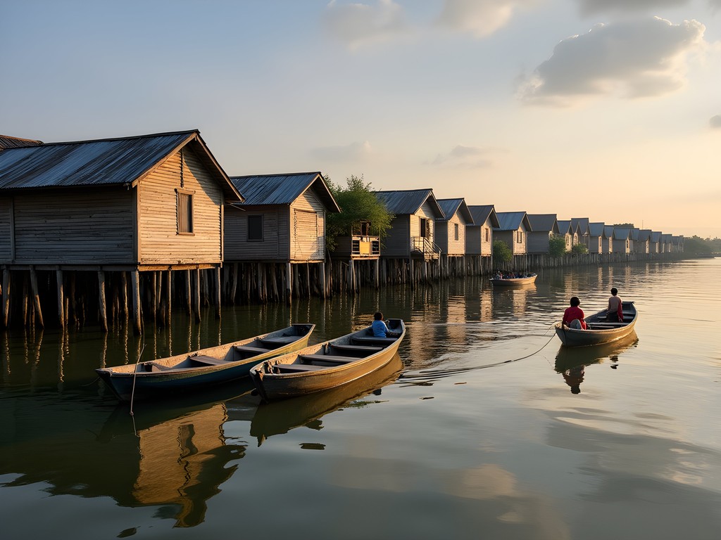 Wooden houses on stilts at Kompong Phluk floating village on Tonle Sap Lake