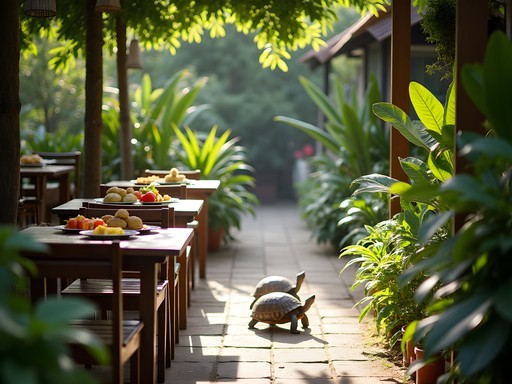 Lush garden setting at Peace Cafe in Siem Reap with children watching tortoises