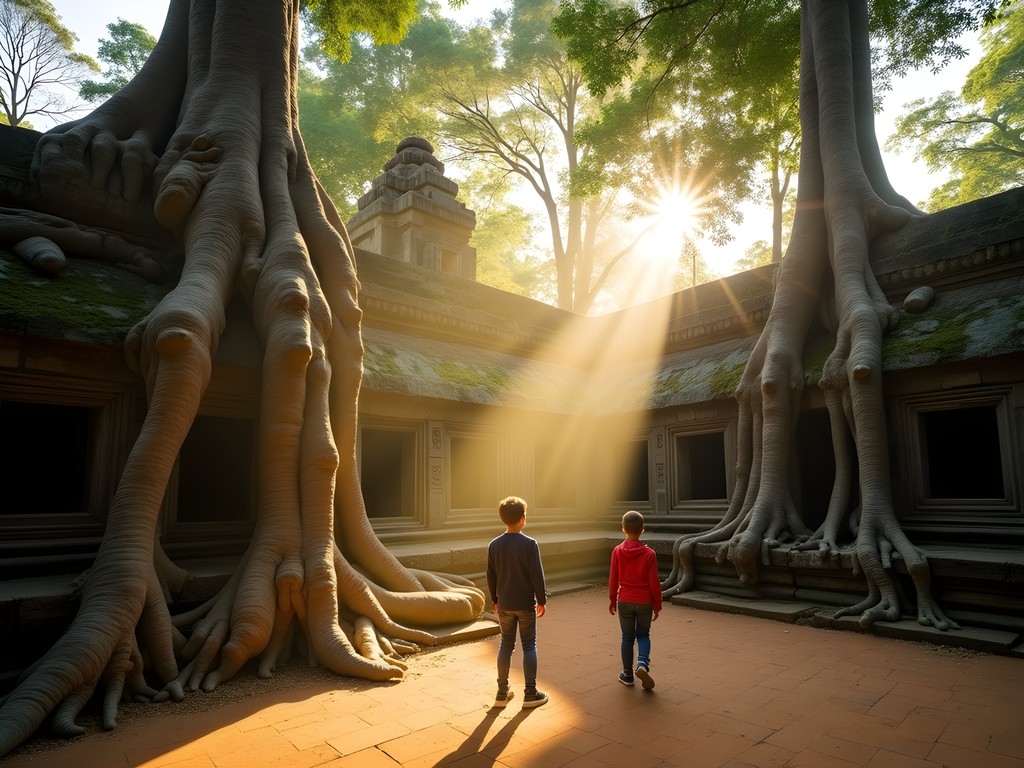 Early morning light filtering through trees at Ta Prohm temple in Siem Reap