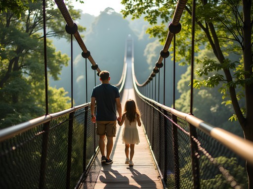 Family crossing the TreeTop Walk suspension bridge at MacRitchie Reservoir