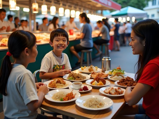 Family enjoying diverse Singaporean dishes at a hawker centre