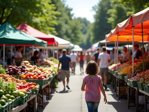 Family shopping at Burlington Farmers Market with colorful produce displays